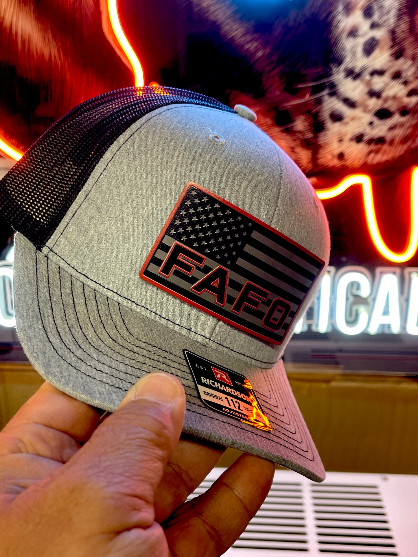 FAFO Hat – American Flag Patch Heather Grey Richardson 112 Trucker | Patriotic Snapback Cap