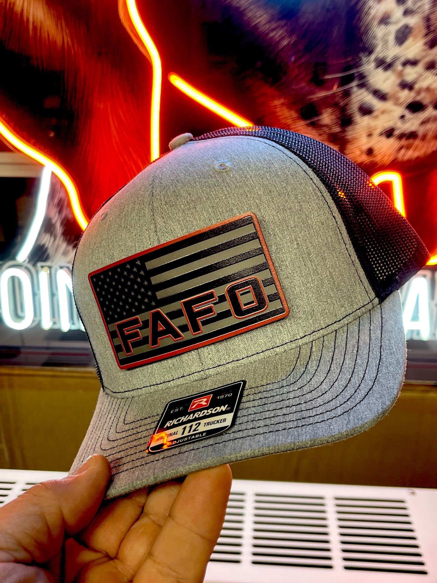 FAFO Hat – American Flag Patch Heather Grey Richardson 112 Trucker | Patriotic Snapback Cap