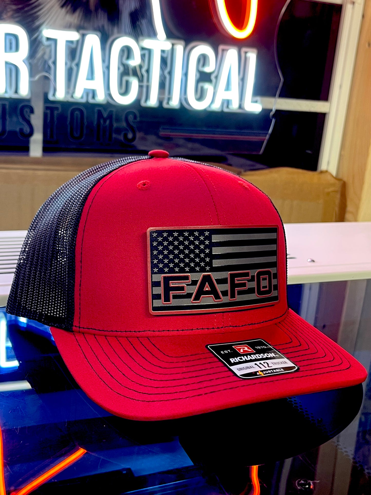 FAFO Hat – American Flag Patch Red Richardson 112 Trucker | Patriotic Snapback Cap