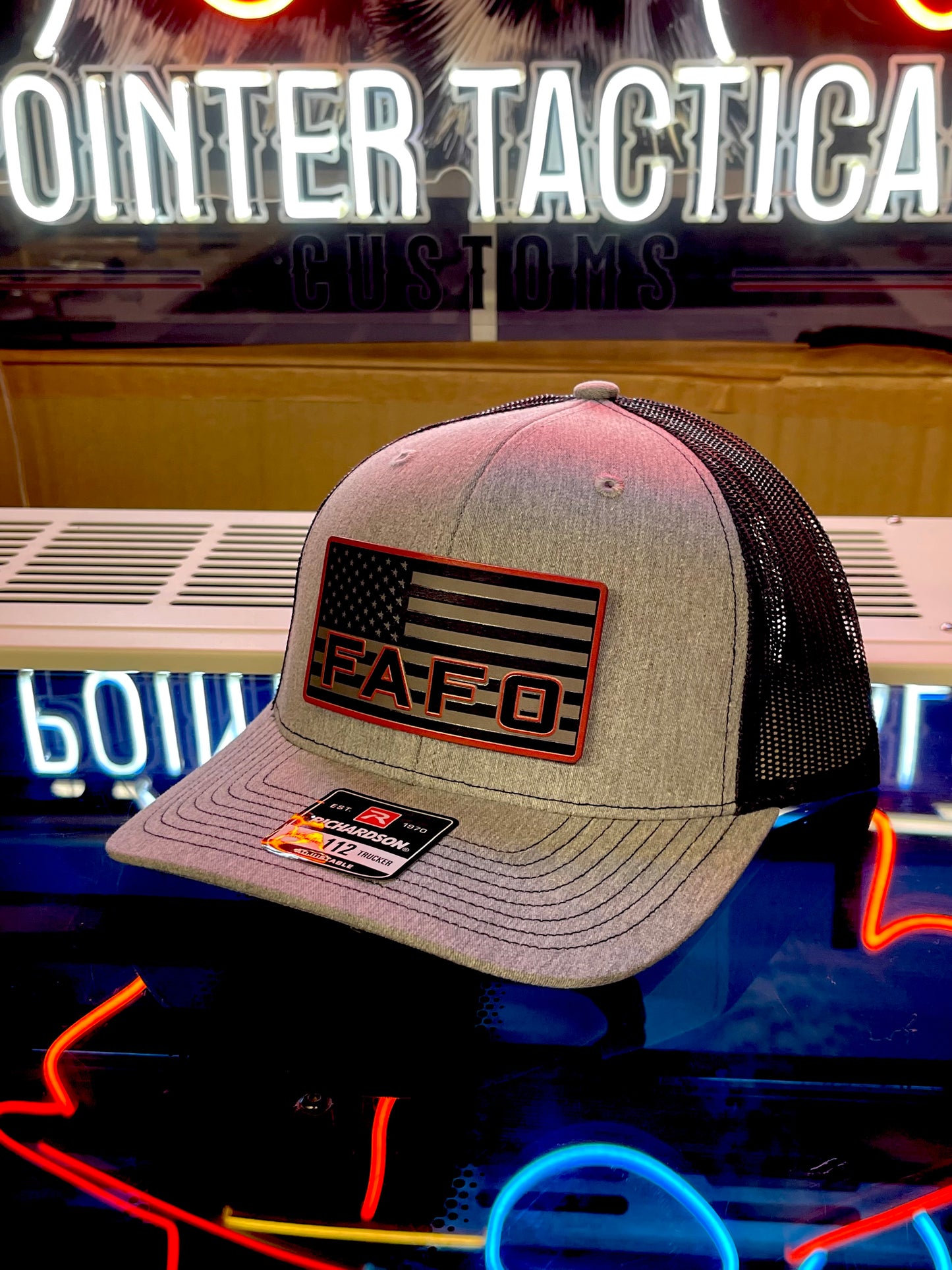 FAFO Hat – American Flag Patch Heather Grey Richardson 112 Trucker | Patriotic Snapback Cap