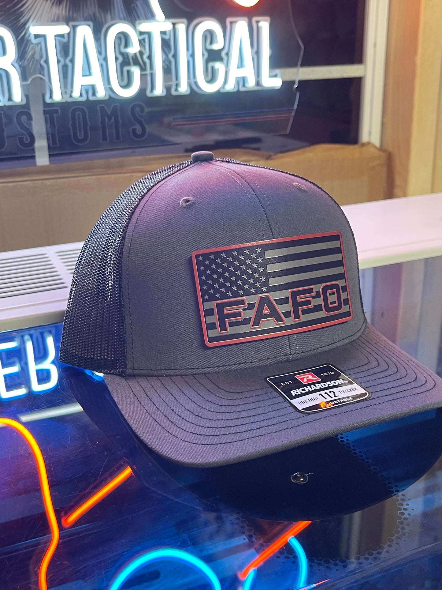 FAFO Hat – American Flag Black/Red Patch Charcoal Richardson 112 Trucker | Tactical Snapback Cap
