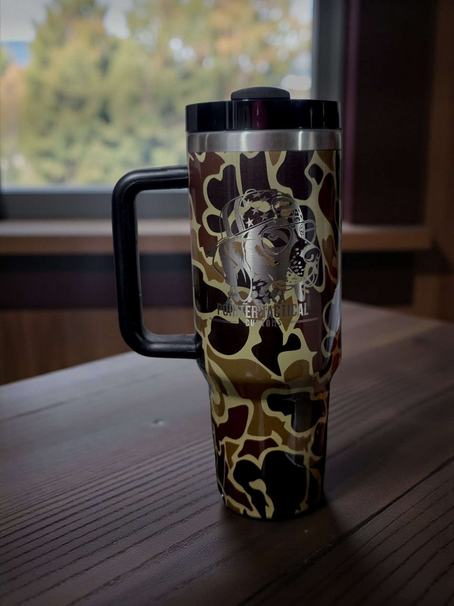 Custom Laser-Engraved 40oz Pointer Tactical Tumbler – Camo Edition | Built for the Bold