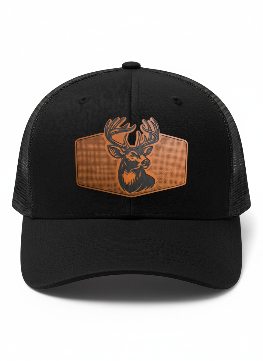 Black Leather Linen Deer Patch Hat | Hunting Trucker Cap