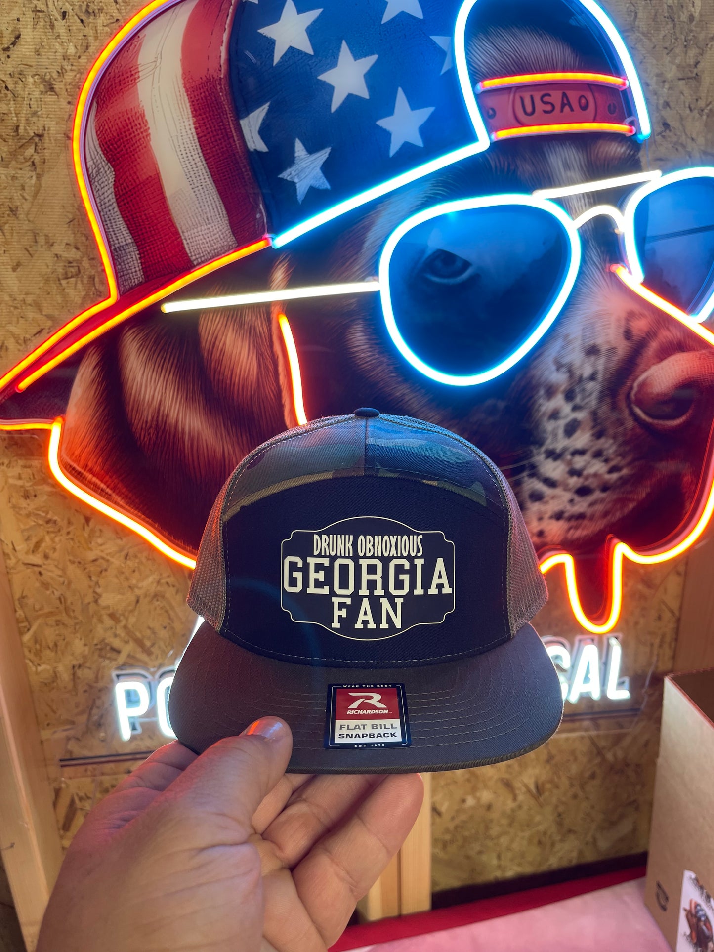 Drunk Obnoxious Georgia 169 7 pane Camo Hat – Black Out Patch Edition