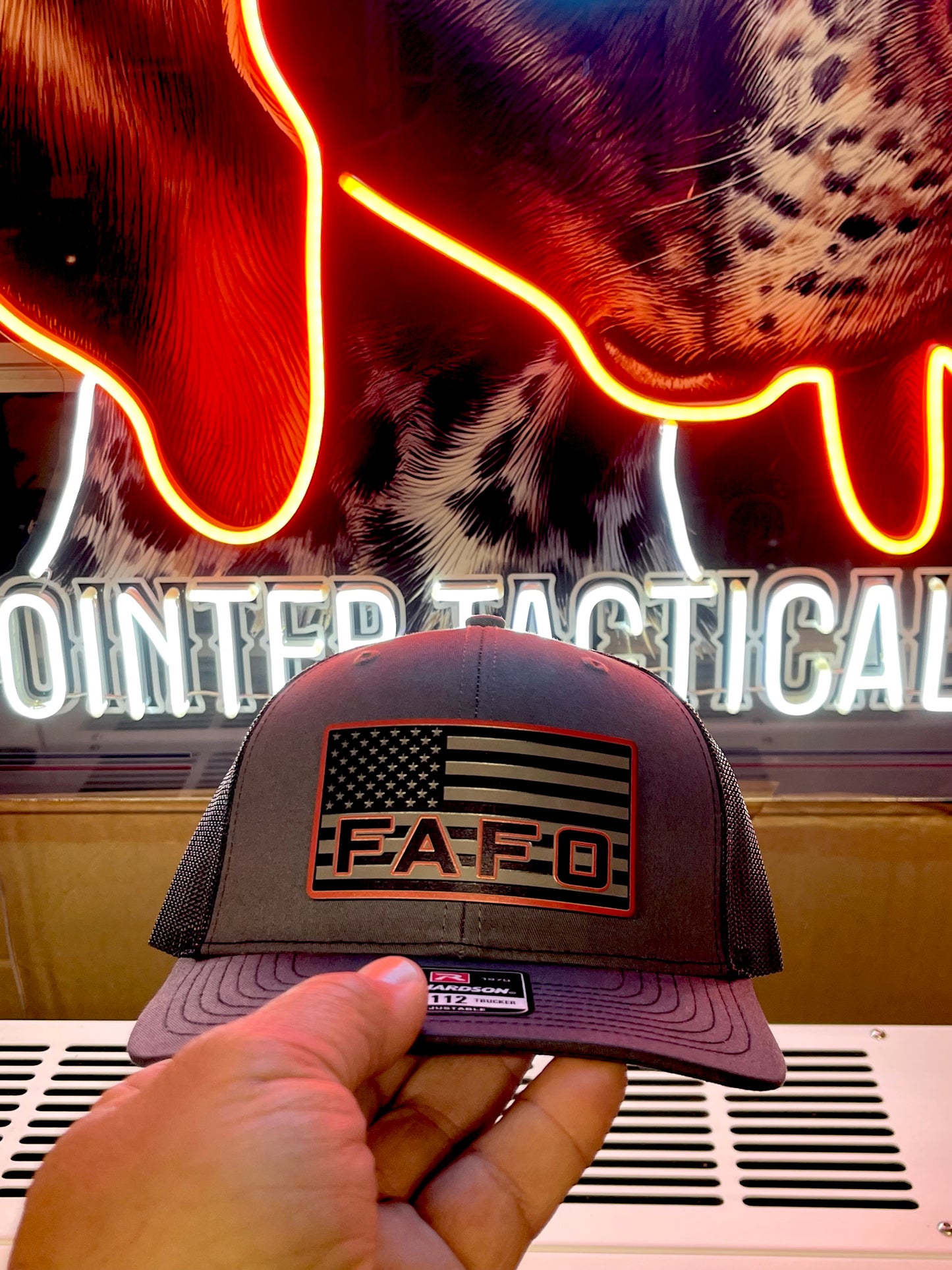 FAFO Hat – American Flag Black/Red Patch Charcoal Richardson 112 Trucker | Tactical Snapback Cap
