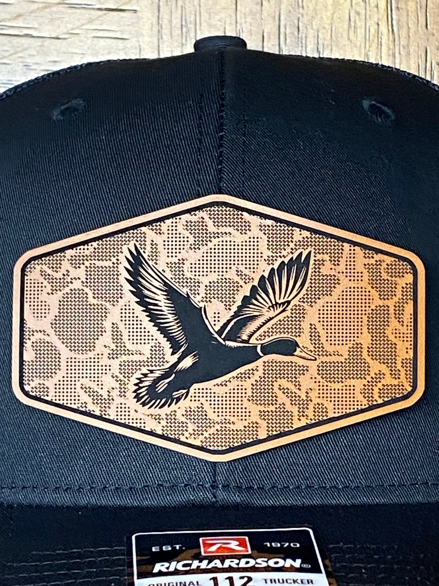 Duck Hunting Hat with Leather Patch | Mallard Camo Duck Trucker Cap | Pointer Tactical Customs