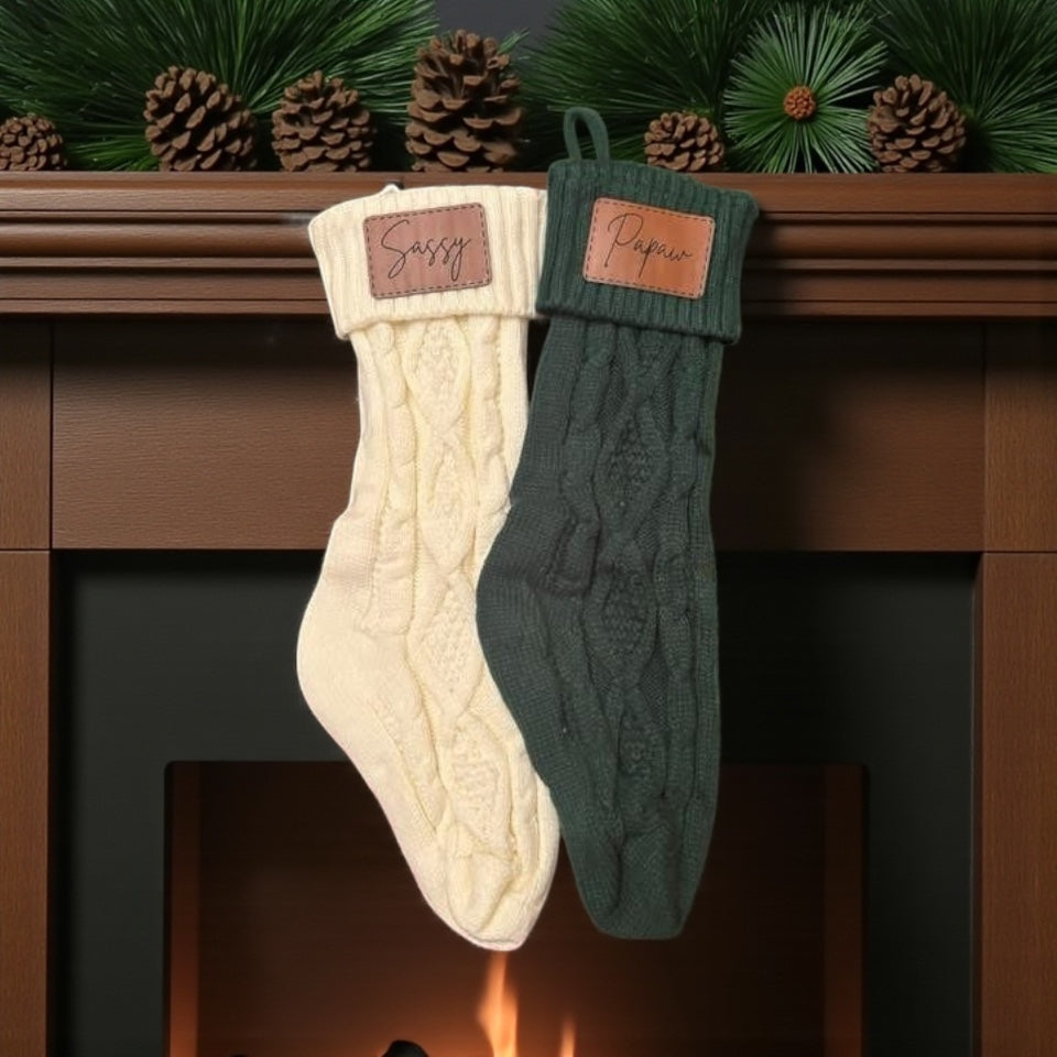 Custom Christmas Stockings with Engraved Leather Name Patch | Personalized Holiday Stocking | Family & K9 Gift | Limited Edition