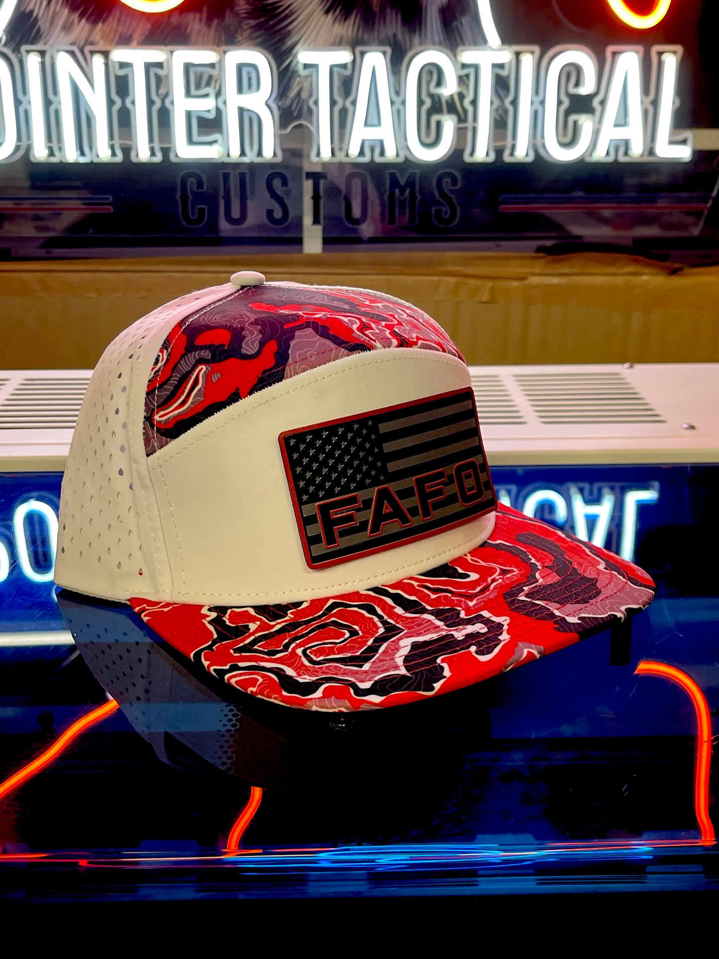 FAFO Hat – American Flag Black/Red Patch on White/Red Camo Snapback | Patriotic Tactical Cap