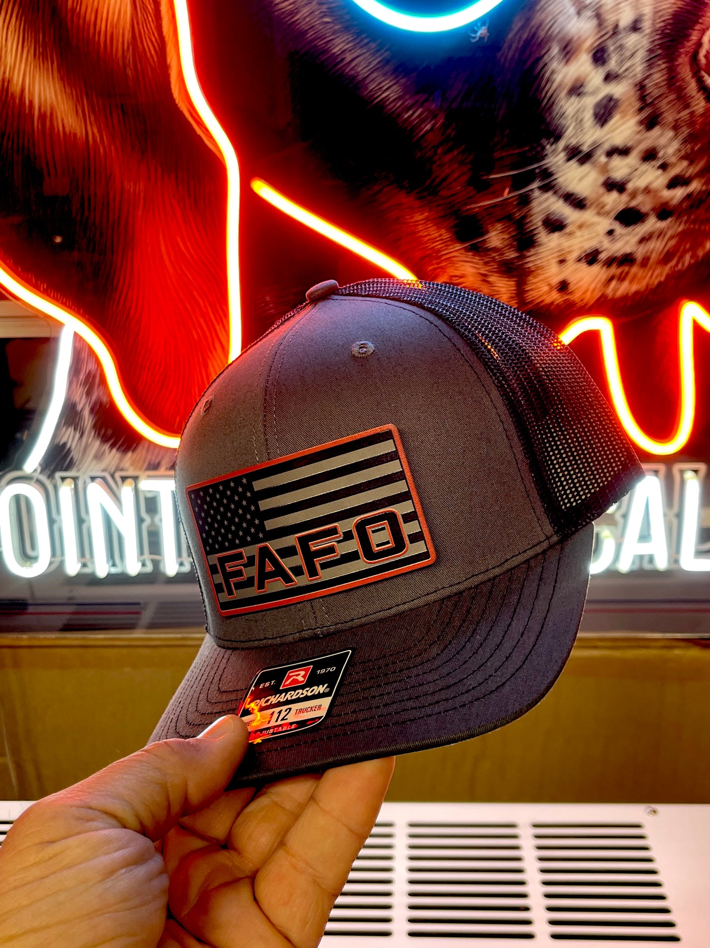 FAFO Hat – American Flag Black/Red Patch Charcoal Richardson 112 Trucker | Tactical Snapback Cap