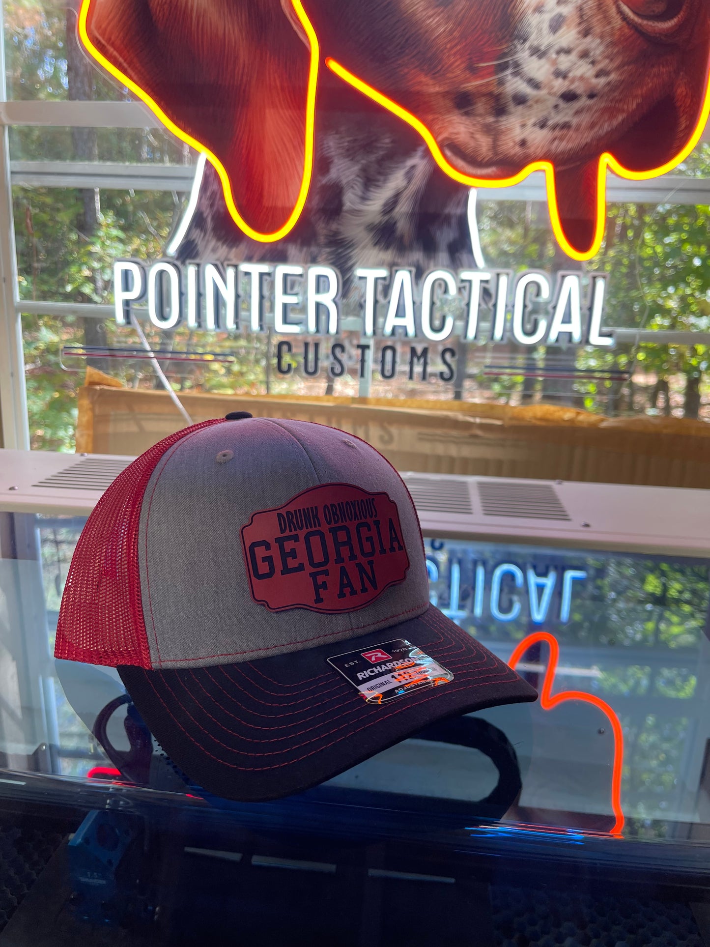 Drunk Obnoxious Georgia Fan Red Patch Hat β Gray/Black/Red Mesh Richardson 112 Trucker | Laser-Engraved Leather Patch | Pointer Tactical Customs