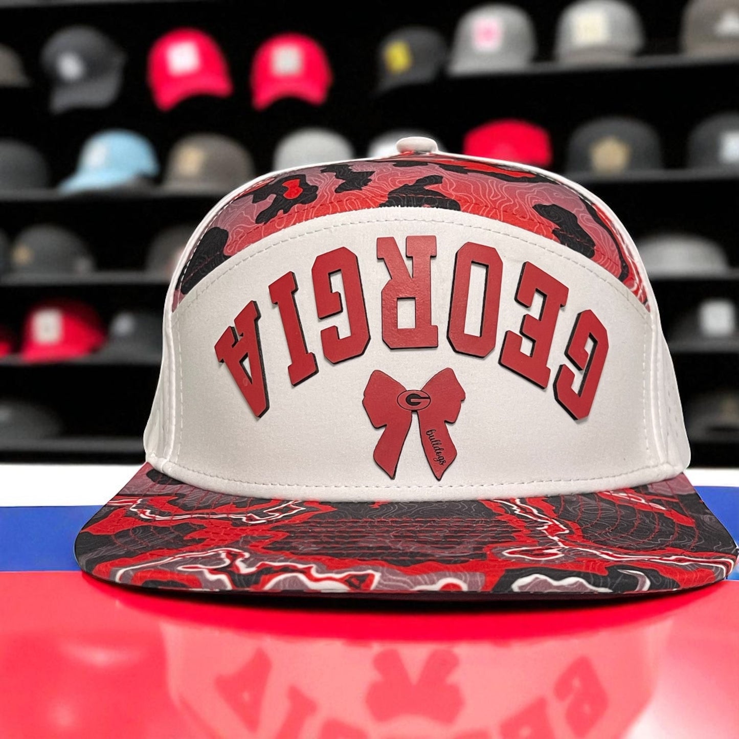 Game Day Bulldogs Snapback Reverse Cap with Georgia Text and Red Bow Design