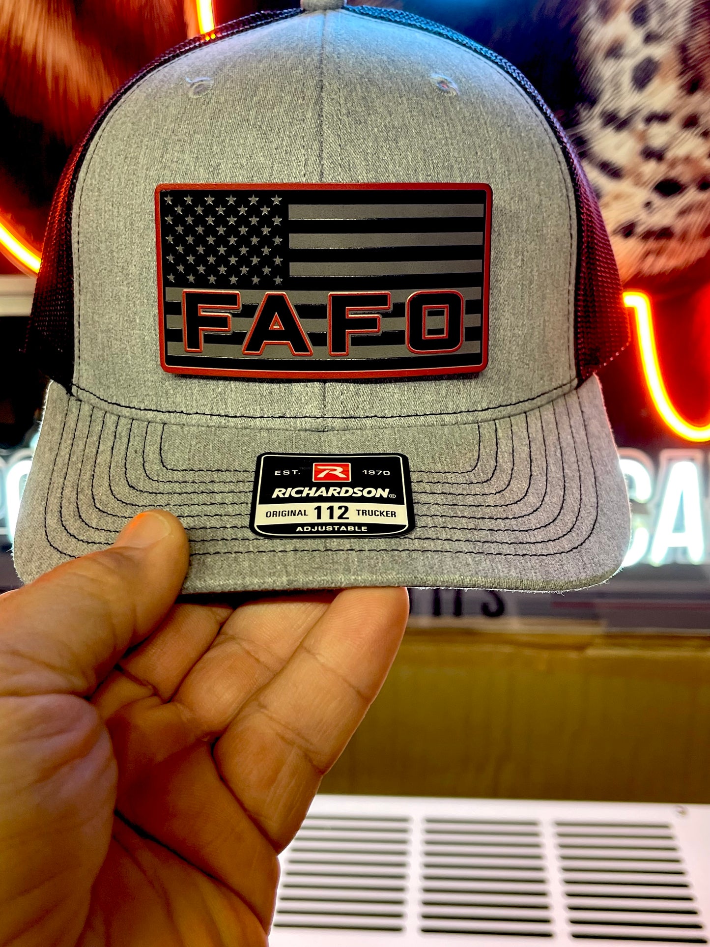 FAFO Hat – American Flag Patch Heather Grey Richardson 112 Trucker | Patriotic Snapback Cap