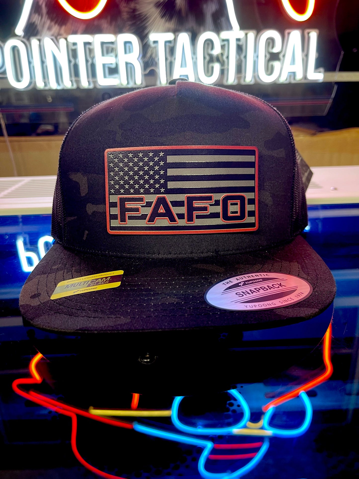 Shop the FAFO Richardson 112 Trucker Hat 🧢 | Tactical camo snapback with American Flag patch | Rugged, patriotic, and built for bold Americans.