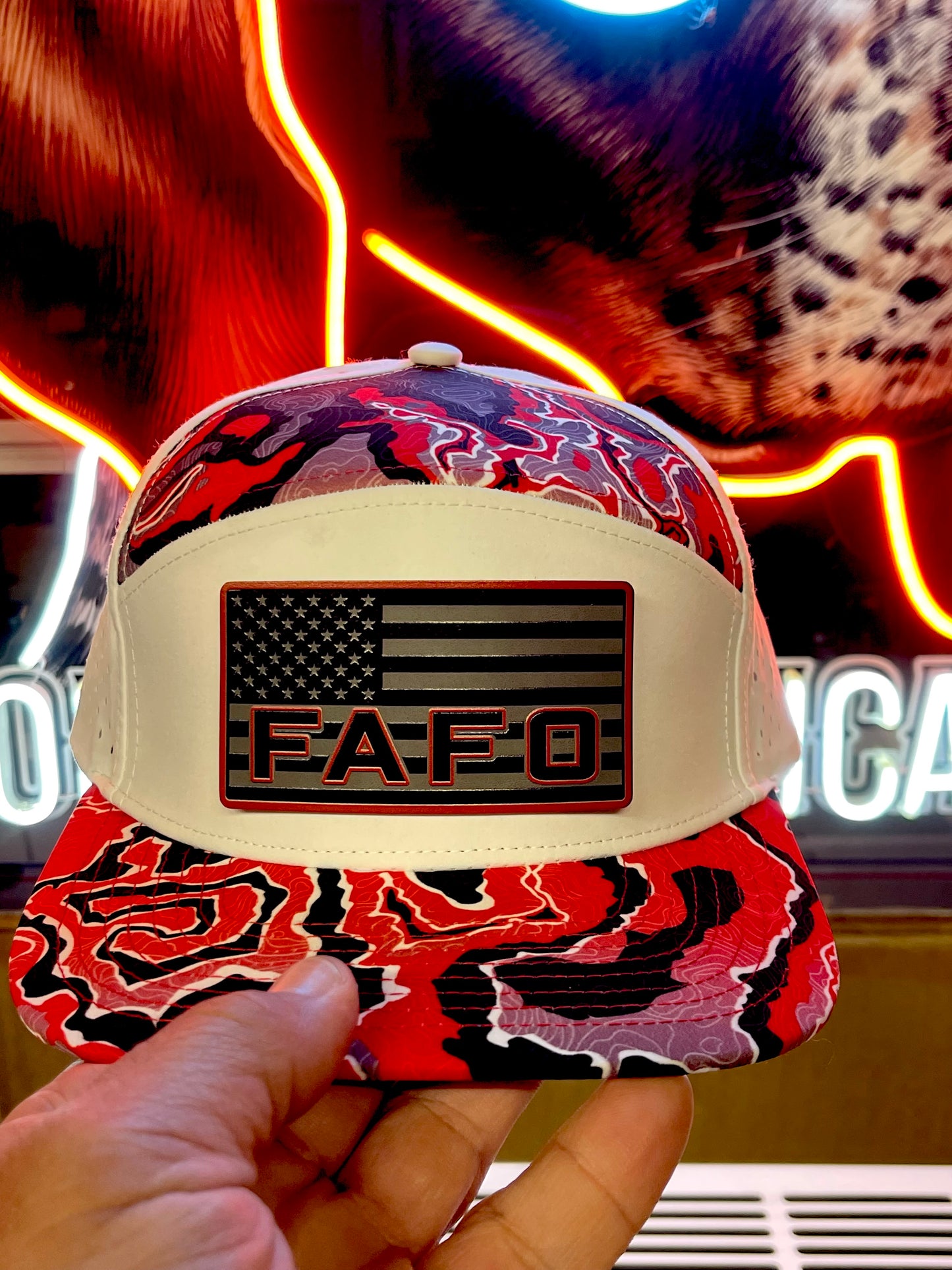FAFO Hat – American Flag Black/Red Patch on White/Red Camo Snapback | Patriotic Tactical Cap