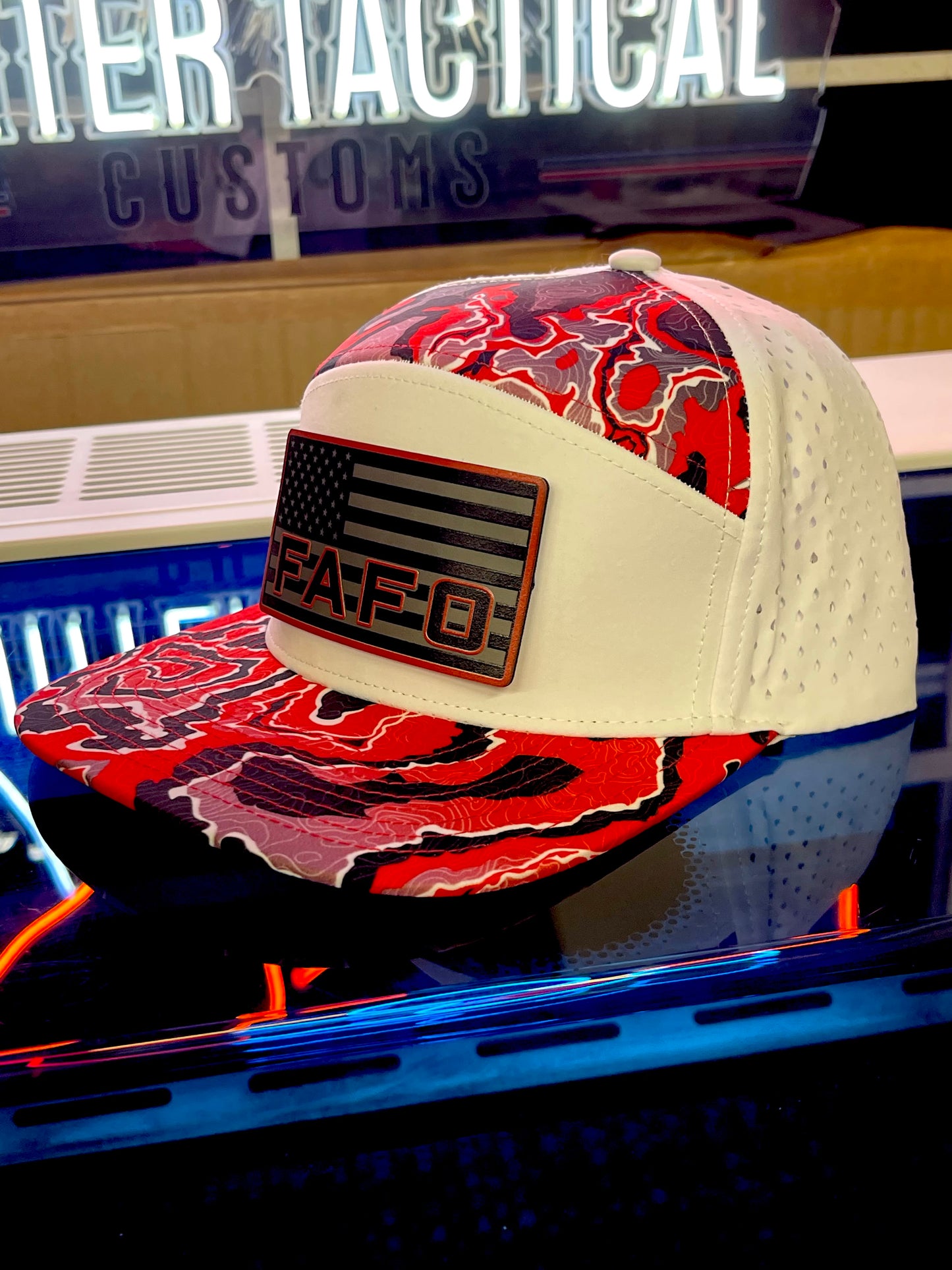 FAFO Hat – American Flag Black/Red Patch on White/Red Camo Snapback | Patriotic Tactical Cap