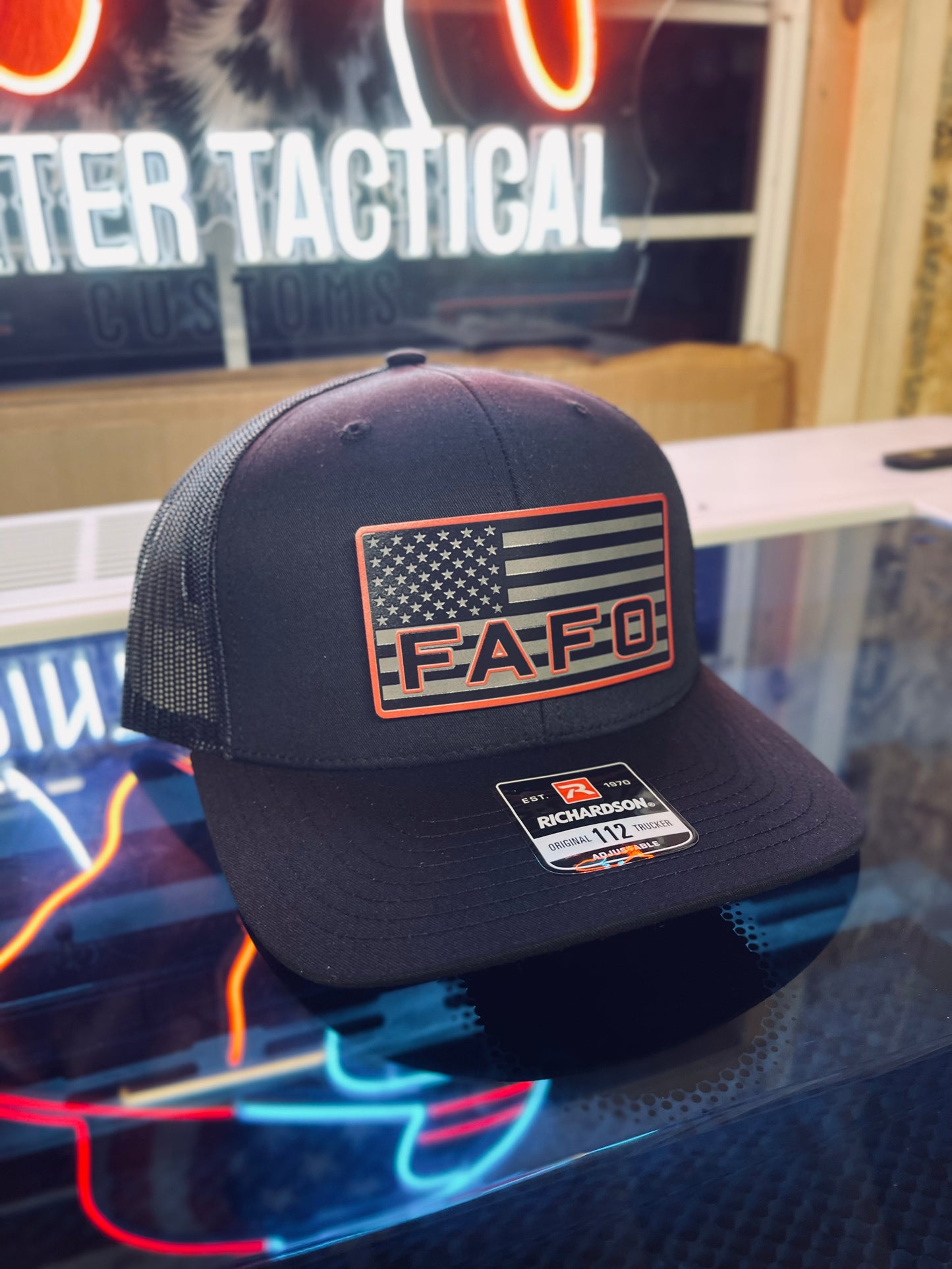 Shop the FAFO Richardson 112 Trucker Hat 🧢 | Tactical camo snapback with American Flag patch | Rugged, patriotic, and built for bold Americans.