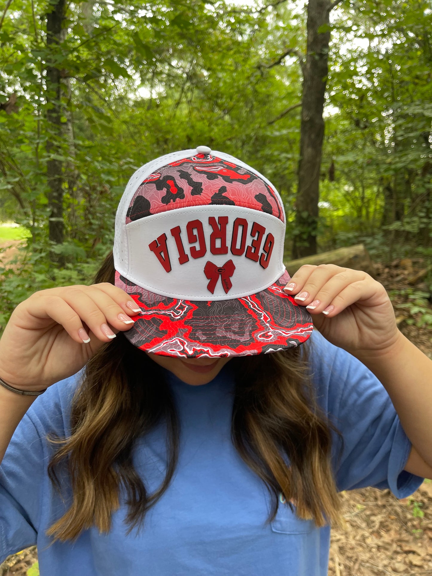 Game Day Bulldogs Snapback Reverse Cap with Georgia Text and Red Bow Design