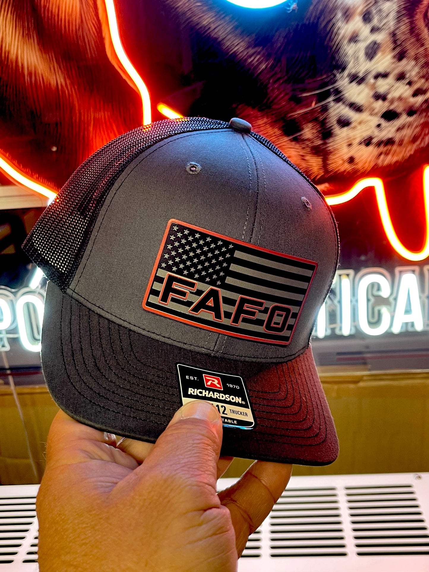 FAFO Hat – American Flag Black/Red Patch Charcoal Richardson 112 Trucker | Tactical Snapback Cap