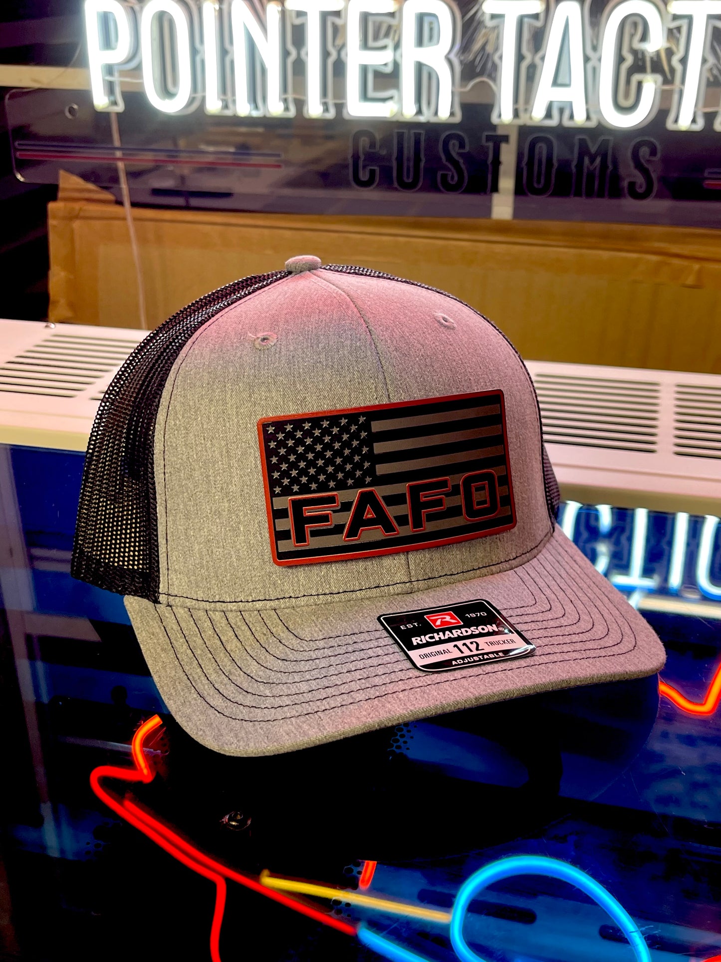 FAFO Hat – American Flag Patch Heather Grey Richardson 112 Trucker | Patriotic Snapback Cap