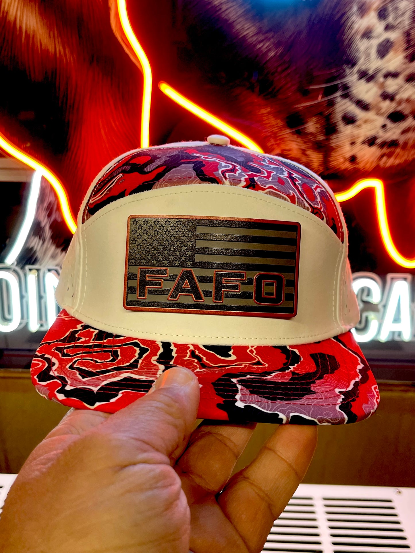 FAFO Hat – American Flag Black/Red Patch on White/Red Camo Snapback | Patriotic Tactical Cap