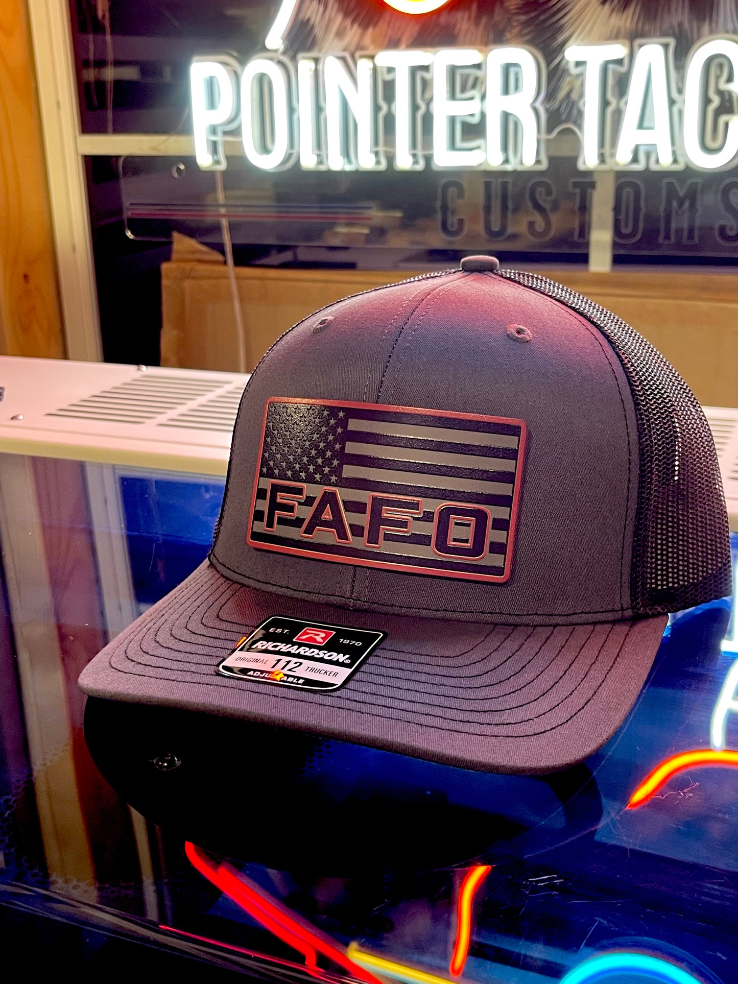 FAFO Hat – American Flag Black/Red Patch Charcoal Richardson 112 Trucker | Tactical Snapback Cap