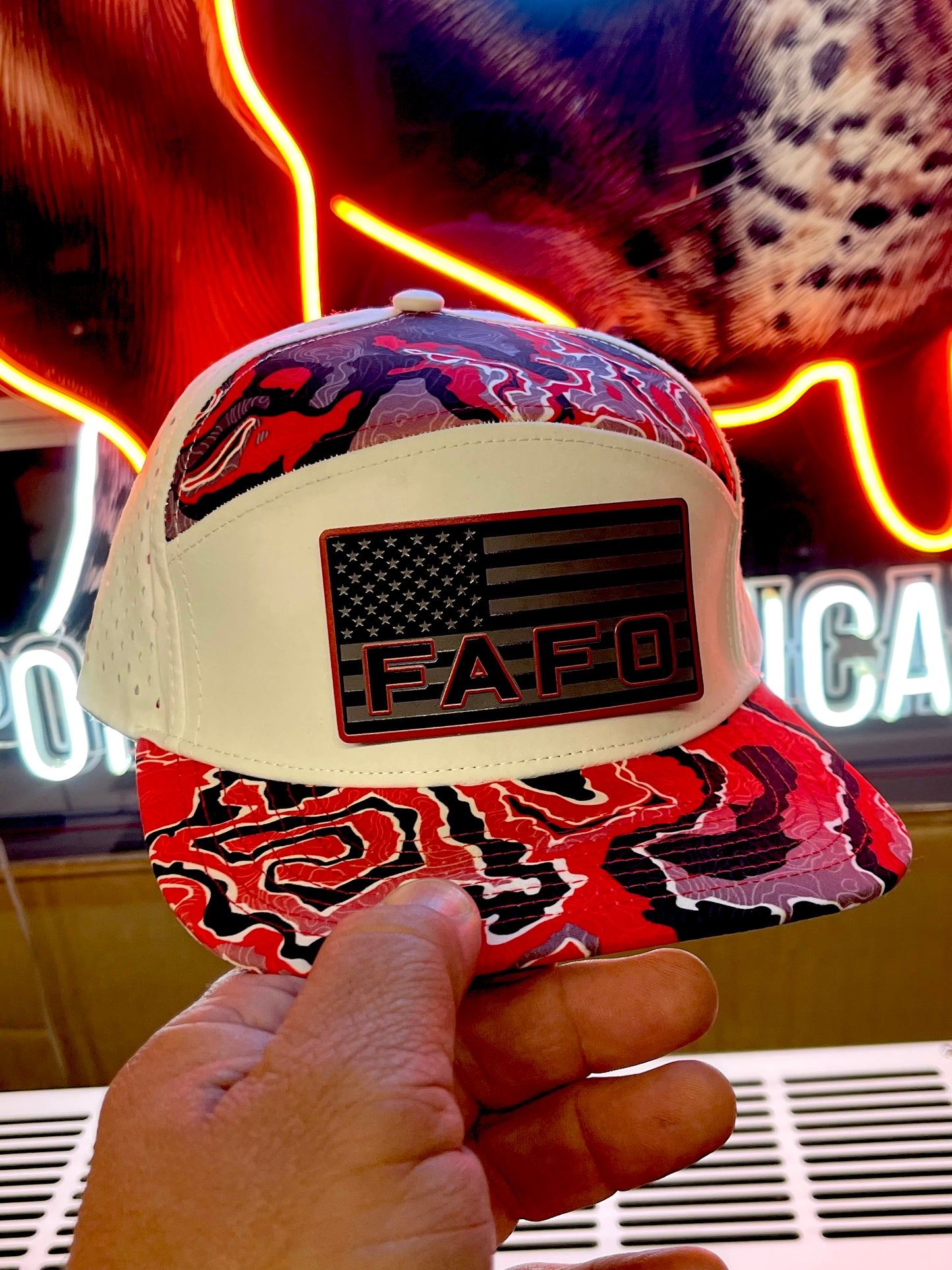 FAFO Hat – American Flag Black/Red Patch on White/Red Camo Snapback | Patriotic Tactical Cap