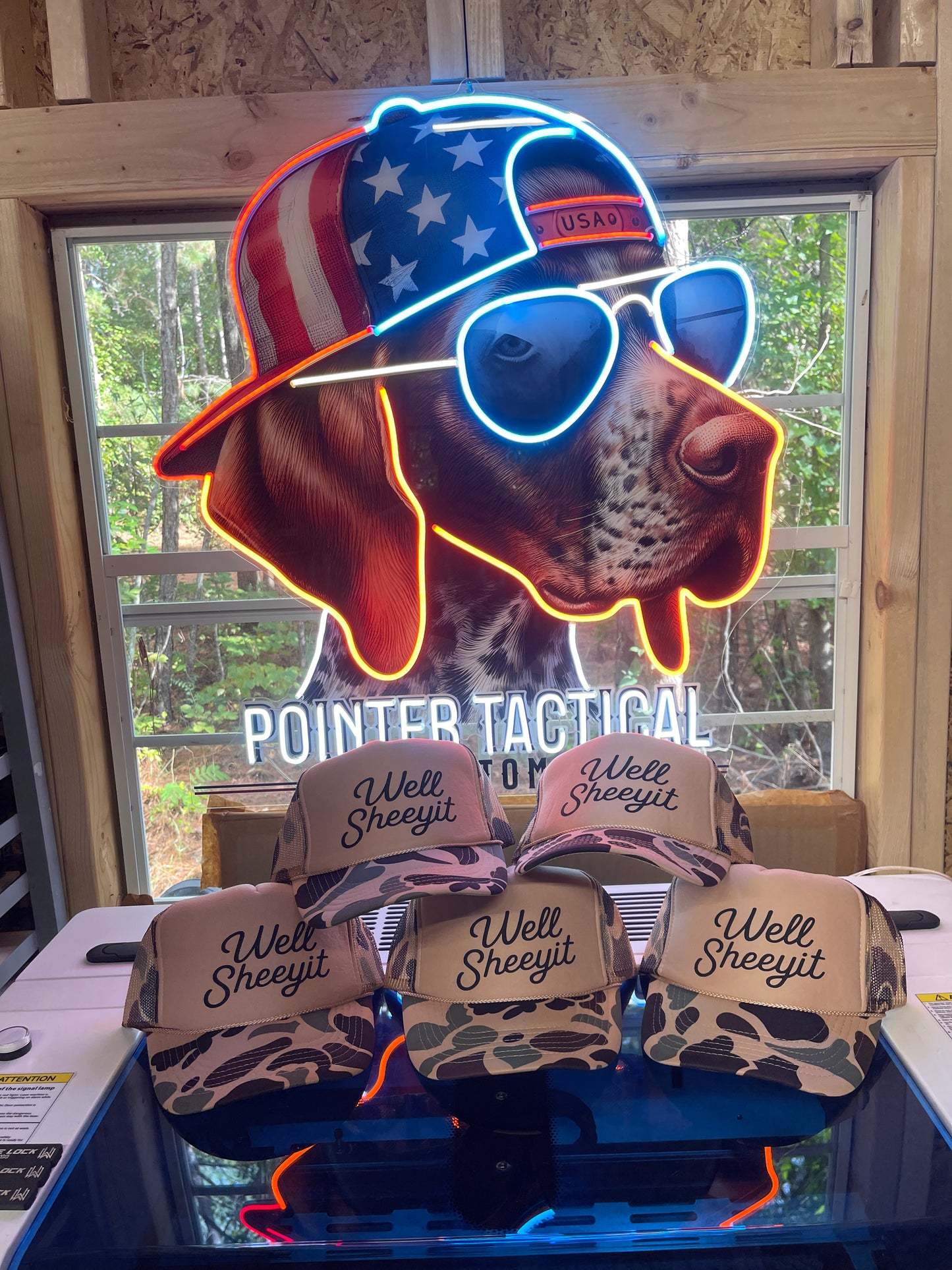 “Well Sheeyit” Camo Trucker Hat – Funny Southern Slang Hat for Men & Women | Pointer Tactical Customs