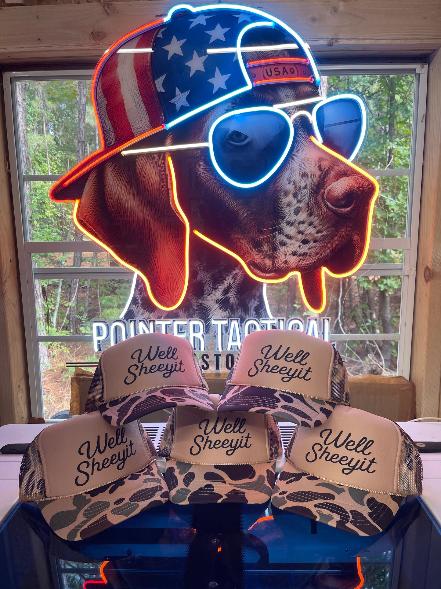 “Well Sheeyit” Camo Trucker Hat – Funny Southern Slang Hat for Men & Women | Pointer Tactical Customs