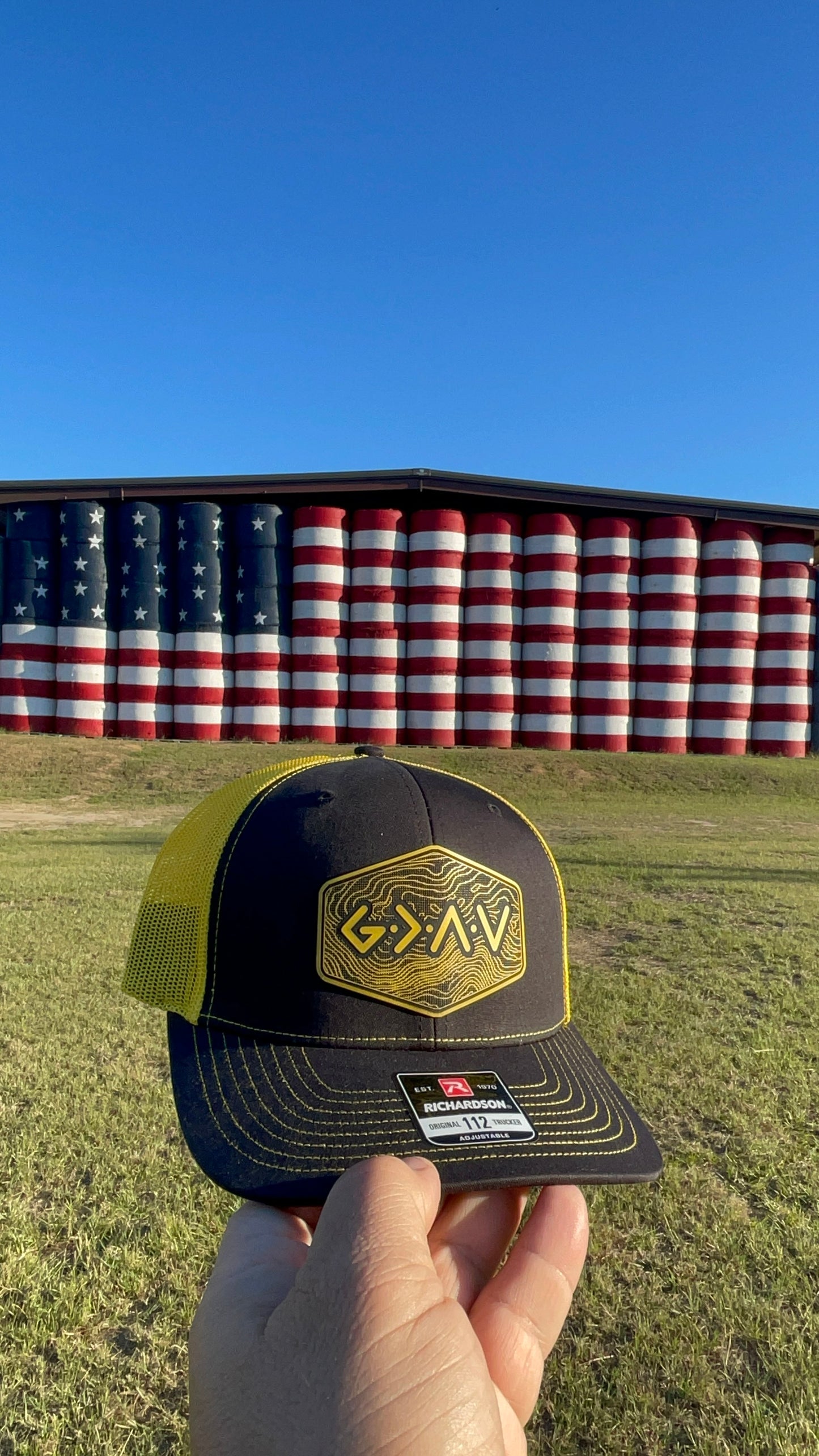 God is Greater Than the Highs and Lows Hex Topographic Patch Hat Yellow & Black Richardson 112 Trucker Pointer Tactical Customs