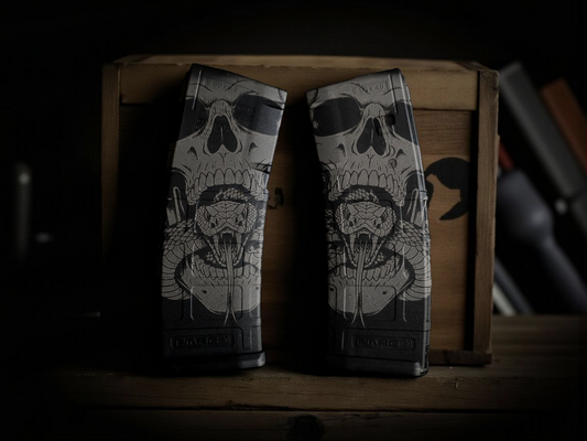 “Speak No Evil” Skull & Serpent – Custom Laser-Engraved AR-15 Magazine | Pointer Tactical Customs