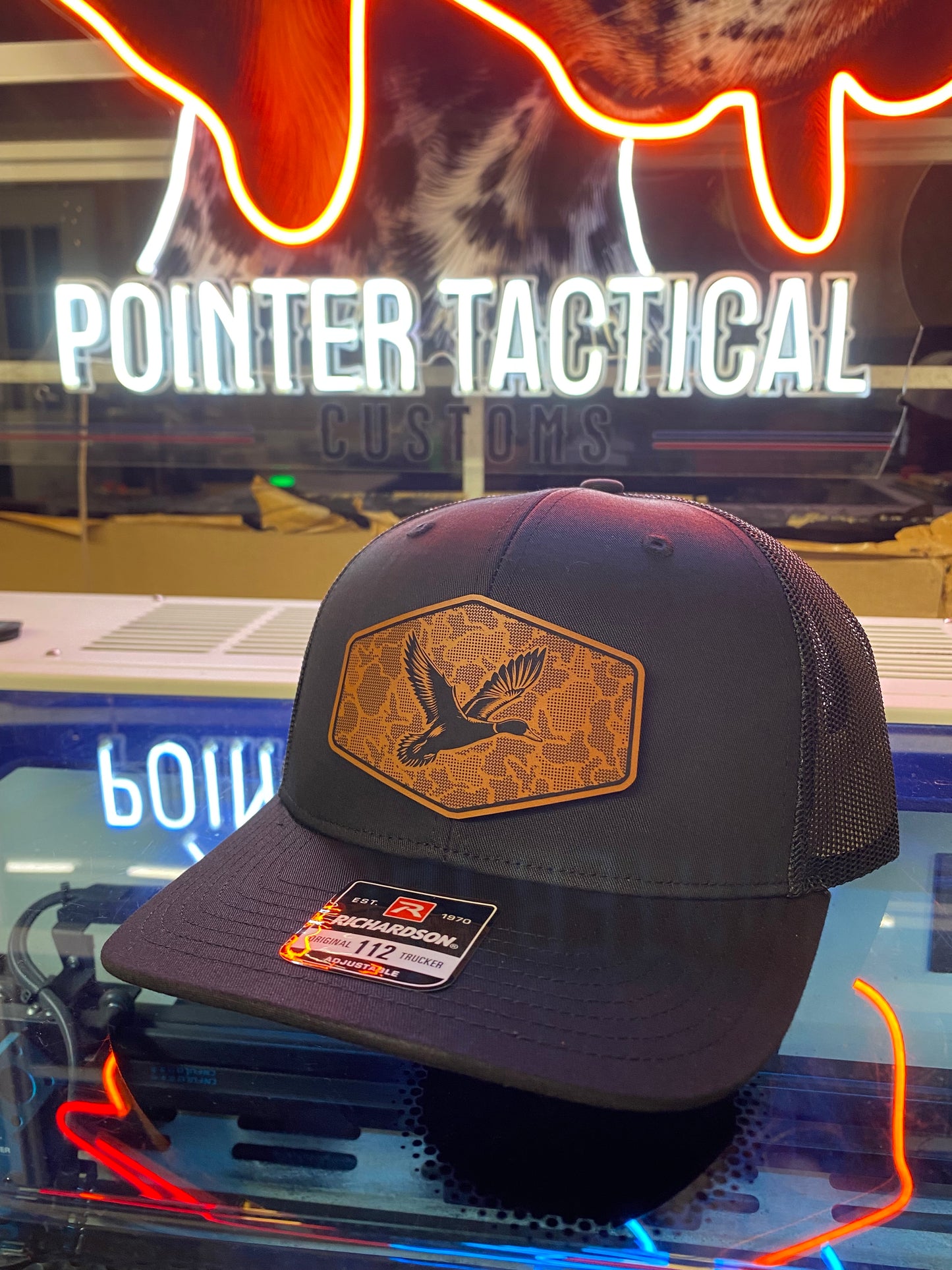 Duck Hunting Hat with Leather Patch | Mallard Camo Duck Trucker Cap | Pointer Tactical Customs