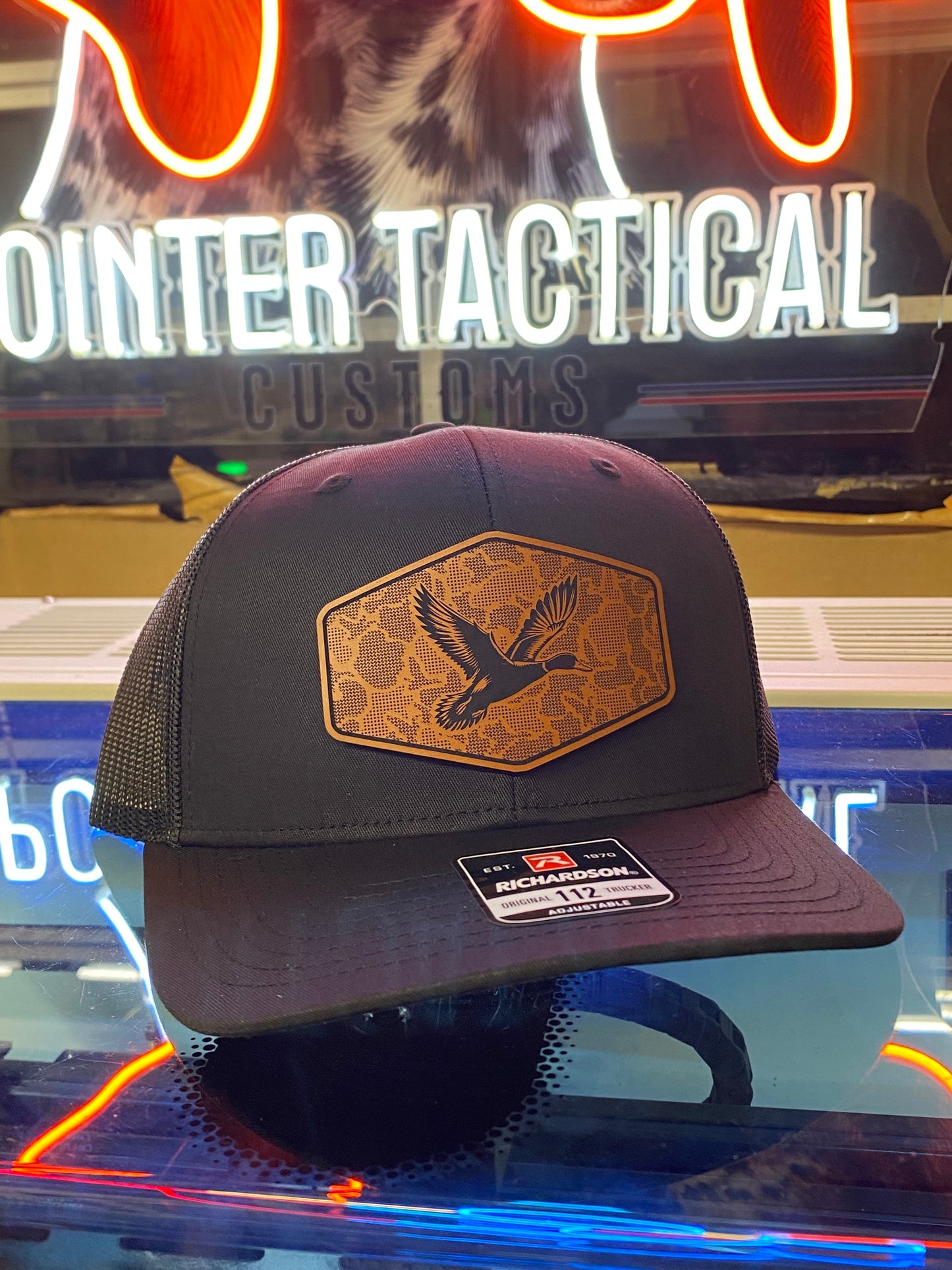 Duck Hunting Hat with Leather Patch | Mallard Camo Duck Trucker Cap | Pointer Tactical Customs