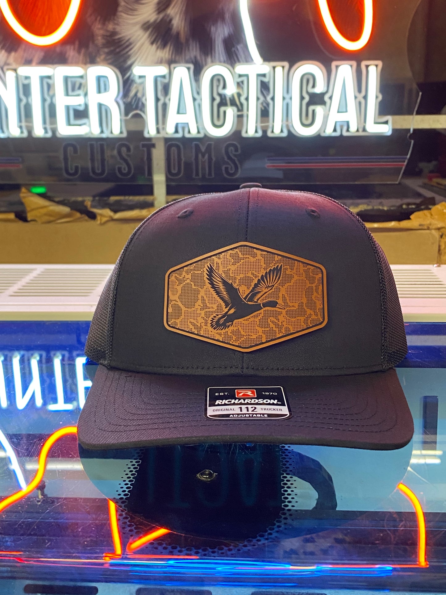 Duck Hunting Hat with Leather Patch | Mallard Camo Duck Trucker Cap | Pointer Tactical Customs