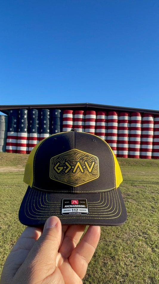 God is Greater Than the Highs and Lows Hex Topographic Patch Hat Yellow & Black Richardson 112 Trucker Pointer Tactical Customs
