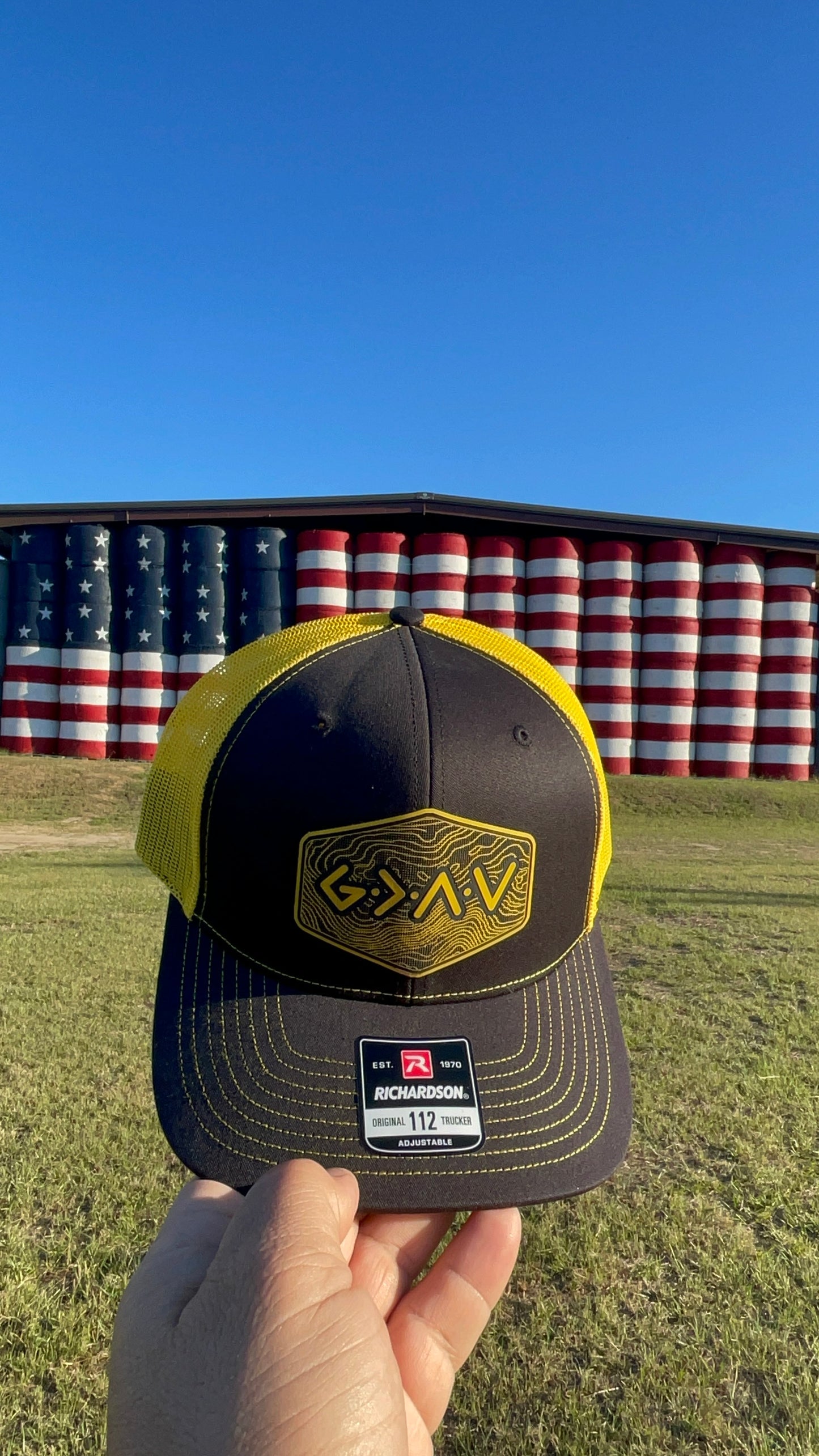 God is Greater Than the Highs and Lows Hex Topographic Patch Hat Yellow & Black Richardson 112 Trucker Pointer Tactical Customs