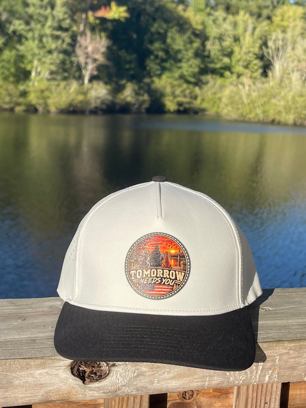 Tomorrow Needs You Hat on a White & Black with a Sunset Patch Cap