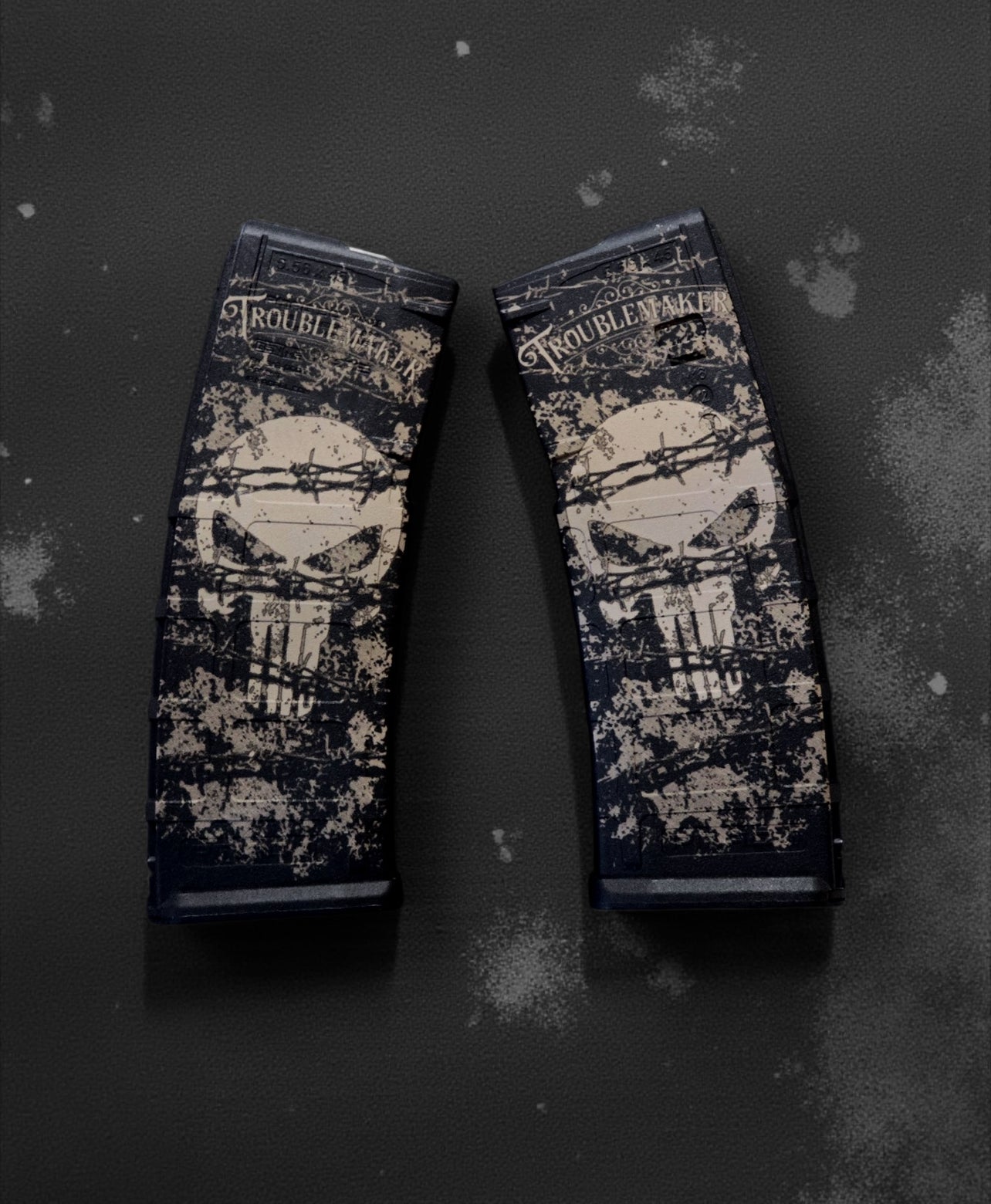 Custom Laser-Engraved “Troublemaker” AR Mag – Distressed Skull & Barbed Wire Edition | Pointer Tactical Customs