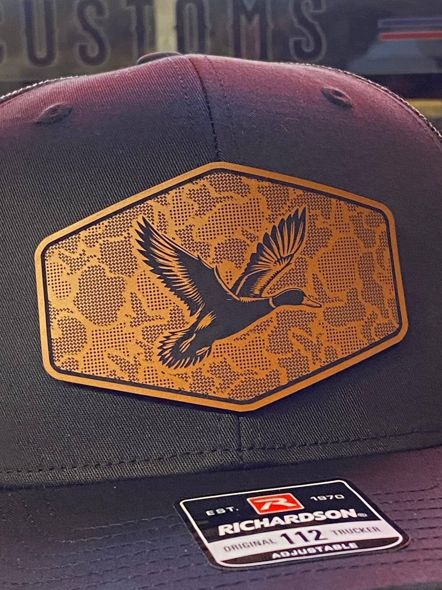 Duck Hunting Hat with Leather Patch | Mallard Camo Duck Trucker Cap | Pointer Tactical Customs