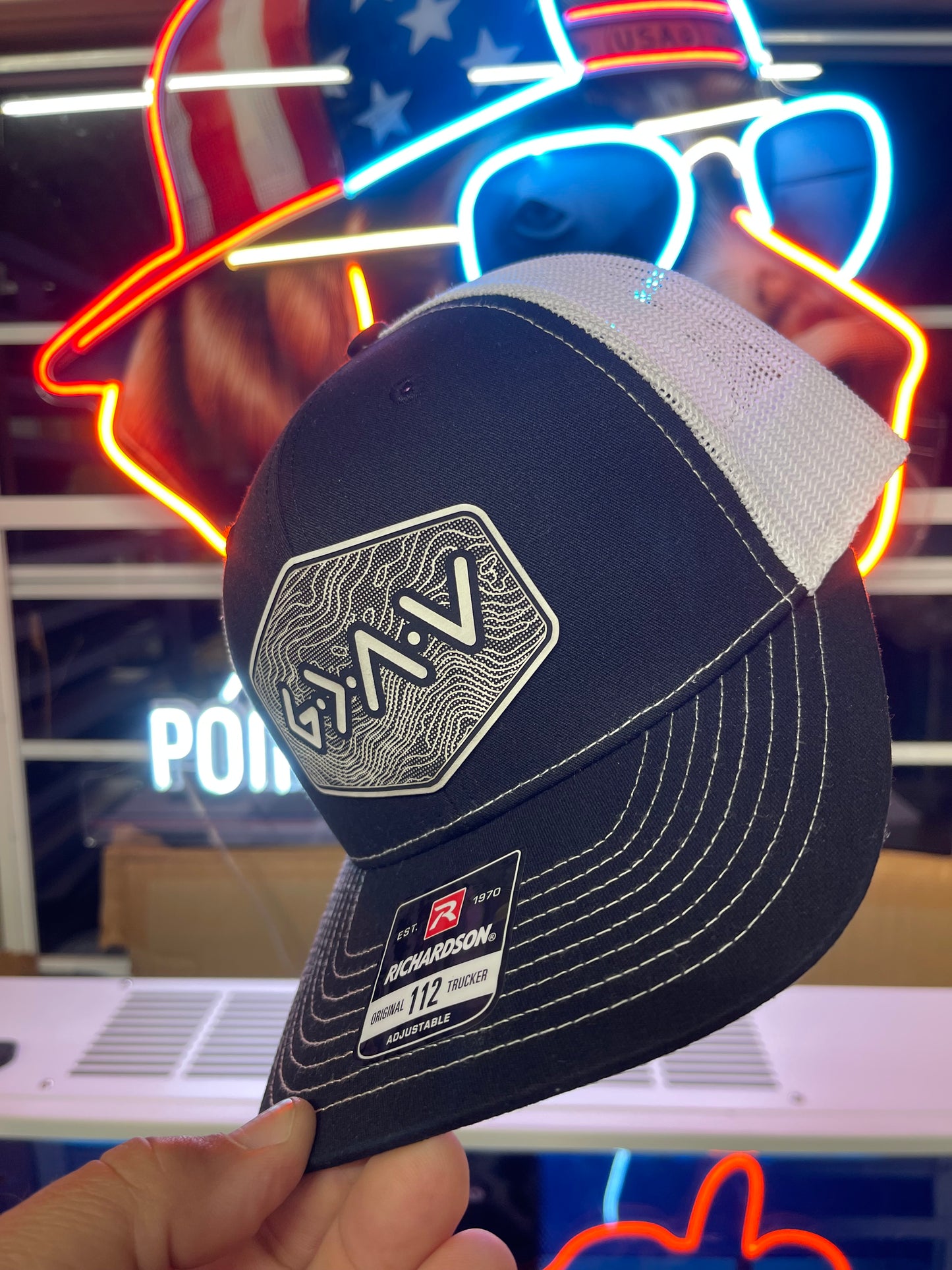 God is Greater Than the Highs and Lows Hex Topographic Patch Hat Black & White Richardson 112 Trucker Pointer Tactical Customs