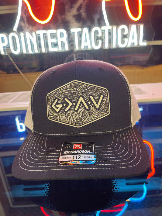 God is Greater Than the Highs and Lows Hex Topographic Patch Hat Black & White Richardson 112 Trucker Pointer Tactical Customs