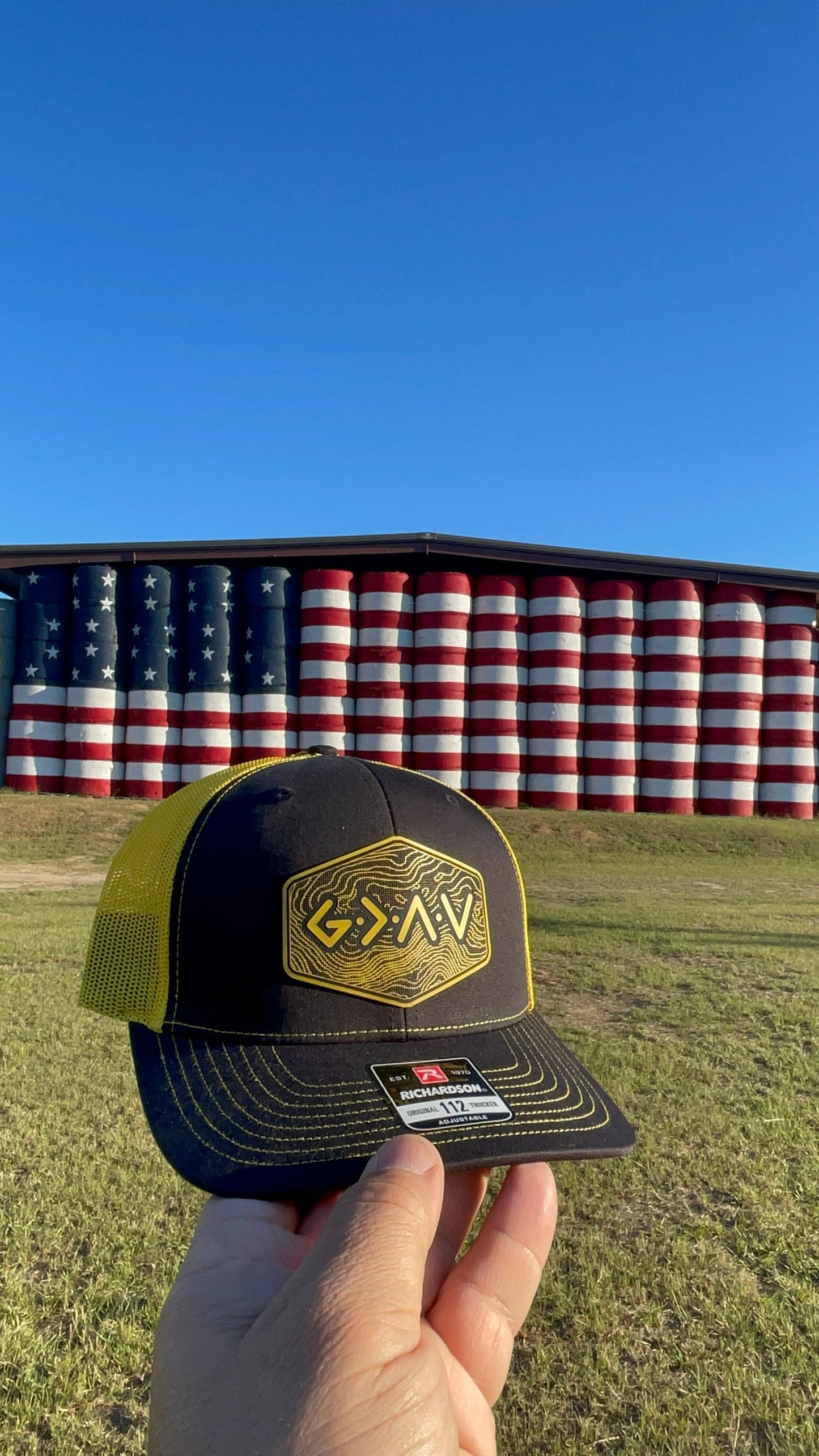 God is Greater Than the Highs and Lows Hex Topographic Patch Hat Yellow & Black Richardson 112 Trucker Pointer Tactical Customs