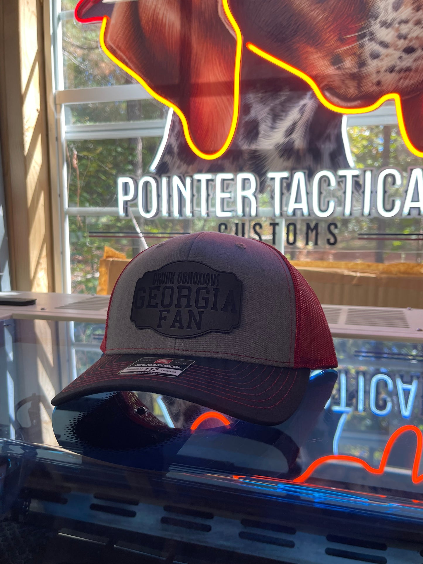 🔥 Drunk Obnoxious Georgia Fan Leather Blackout Patch Hat – gray  Black Red MeshRichardson 112 Trucker | Pointer Tactical Customs