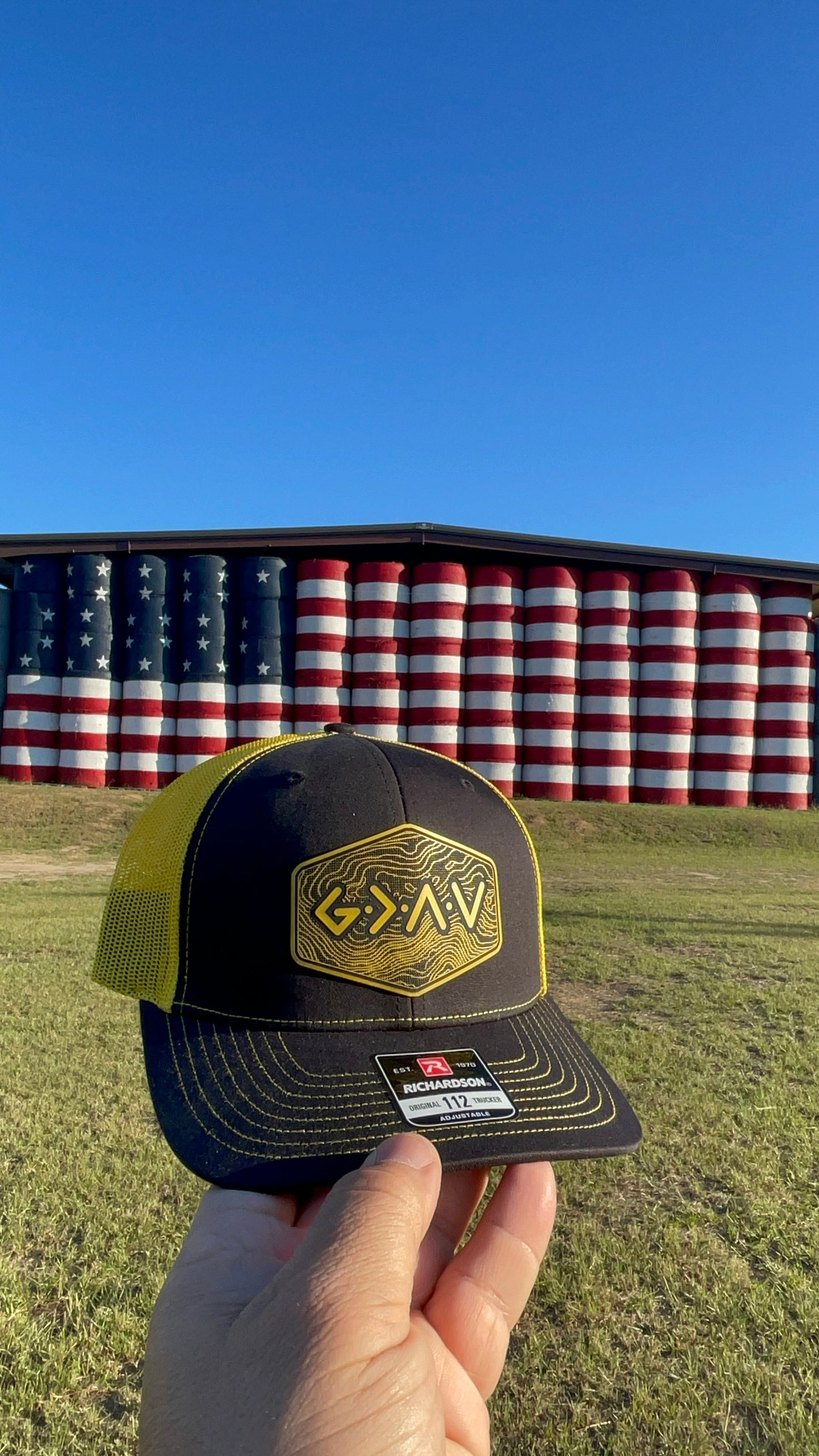 God is Greater Than the Highs and Lows Hex Topographic Patch Hat Yellow & Black Richardson 112 Trucker Pointer Tactical Customs