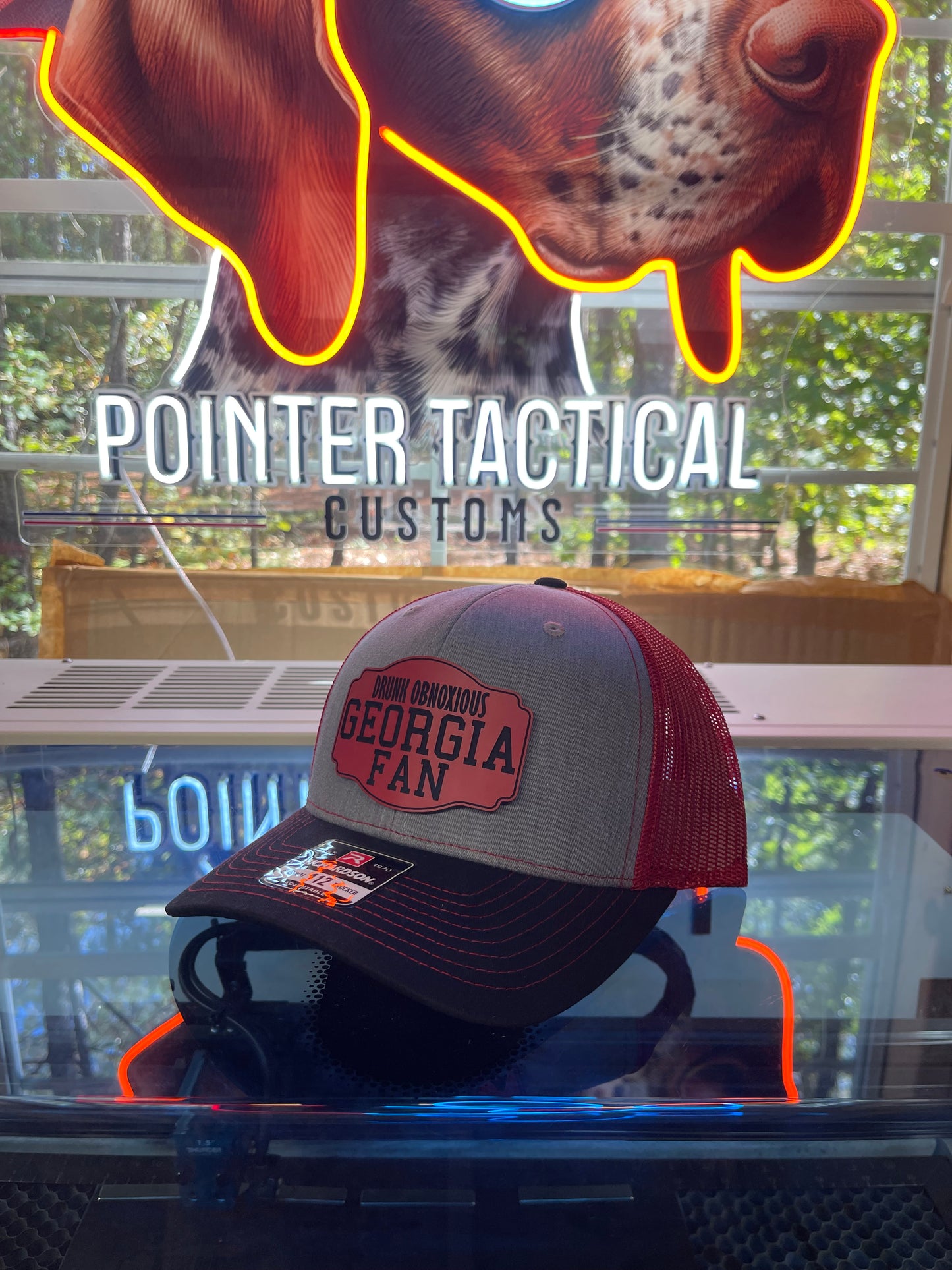 Drunk Obnoxious Georgia Fan Red Patch Hat – Gray/Black/Red Mesh Richardson 112 Trucker | Laser-Engraved Leather Patch | Pointer Tactical Customs
