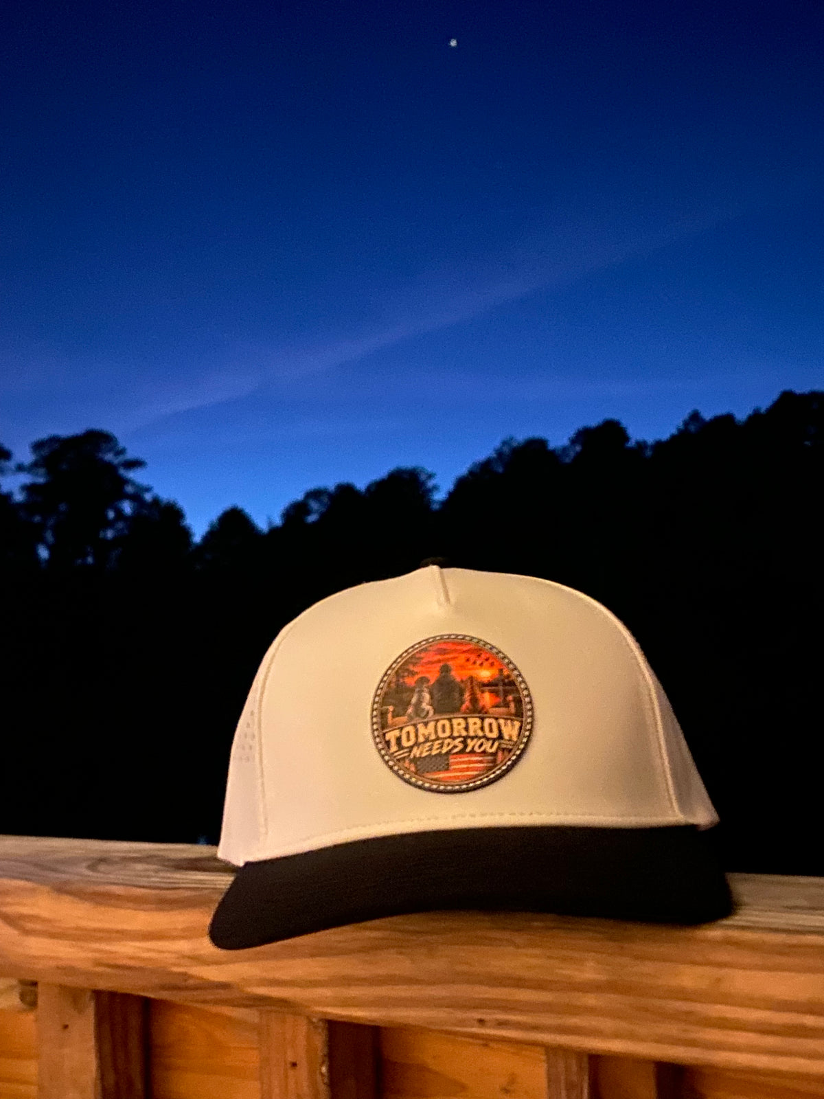 Tomorrow Needs You Hat on a White & Black with a Sunset Patch Cap