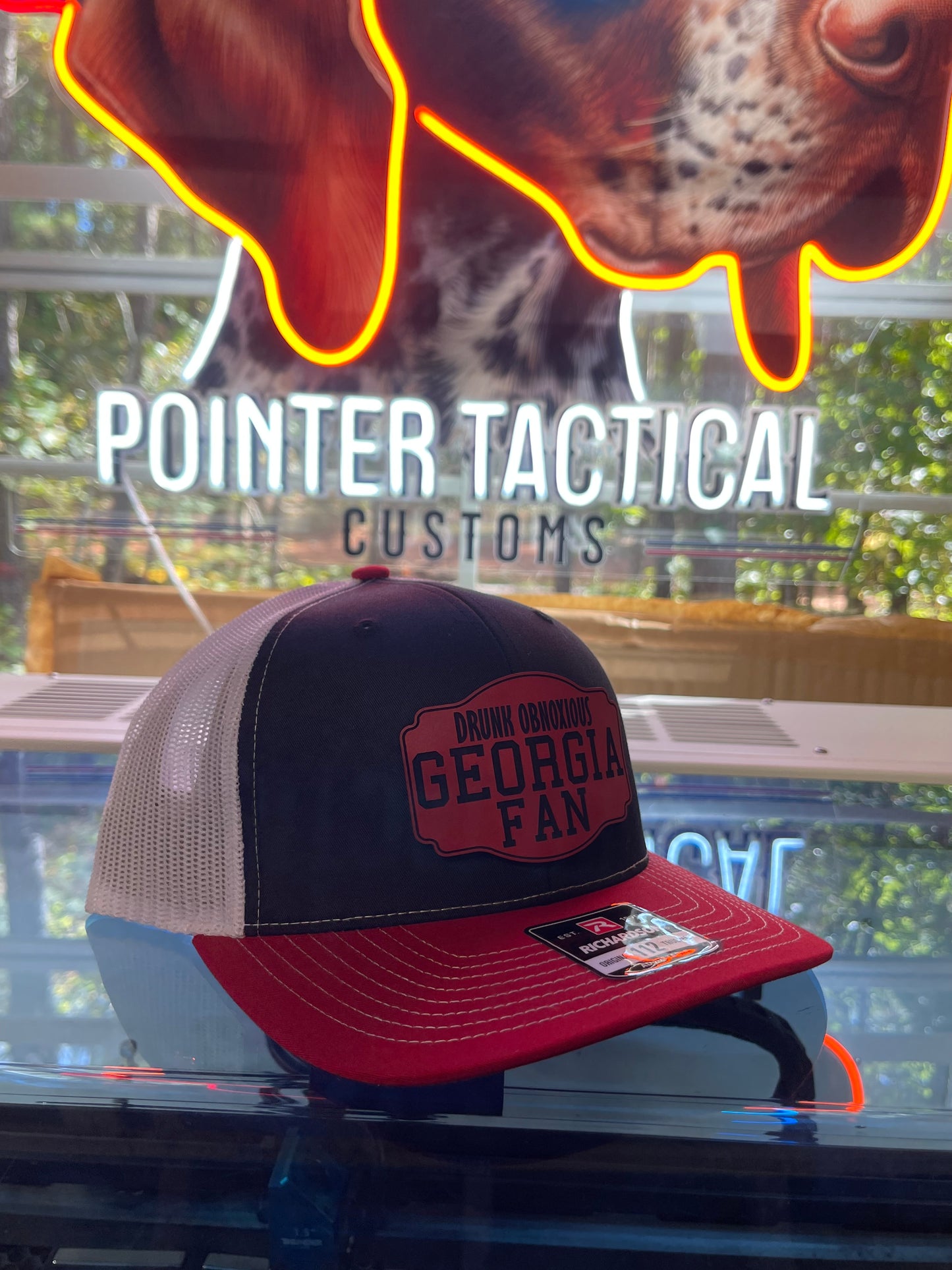 Drunk Obnoxious Georgia Fan Red Patch Hat – Black/Red Bill White Mesh Richardson 112 Trucker | Pointer Tactical Customs