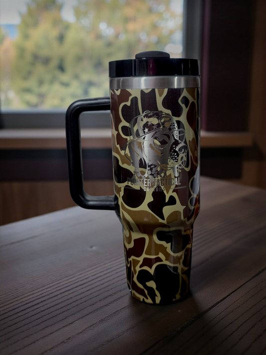 Custom Laser-Engraved 40oz Pointer Tactical Tumbler – Camo Edition | Built for the Bold