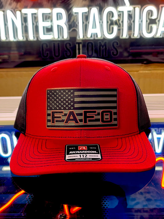 FAFO Hat – American Flag Patch Red Richardson 112 Trucker | Patriotic Snapback Cap