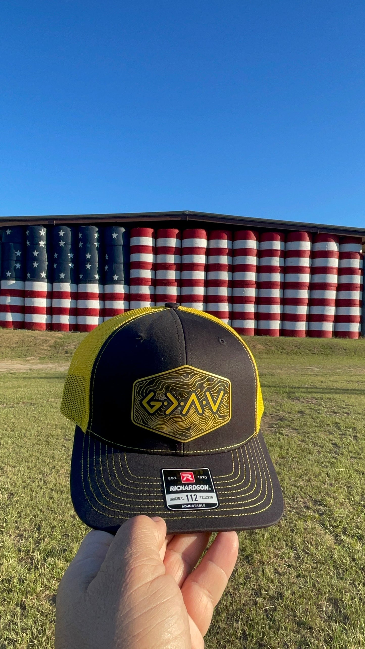 God is Greater Than the Highs and Lows Hex Topographic Patch Hat Yellow & Black Richardson 112 Trucker Pointer Tactical Customs