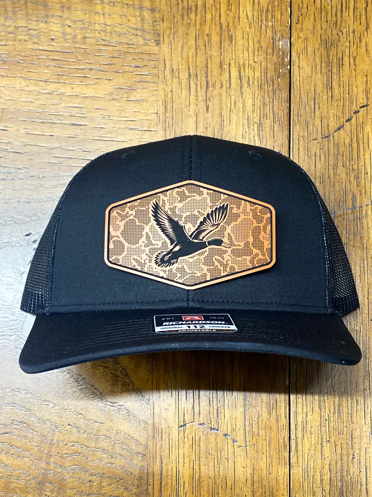Duck Hunting Hat with Leather Patch | Mallard Camo Duck Trucker Cap | Pointer Tactical Customs